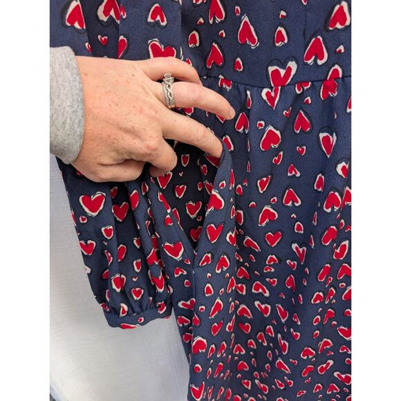 Pop Sugar Women’s Long Sleeve Mini Dress Sz L Puff Sleeve Navy Red Hearts - Picture 4 of 9